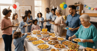 Eine bunte Gruppe von Gästen aller Altersgruppen bedient sich an einem reichhaltigen Catering-Buffet bei einer Geburtstagsfeier zu Hause.