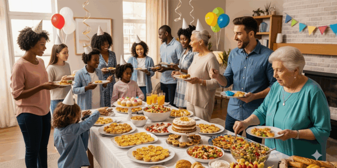 Eine bunte Gruppe von Gästen aller Altersgruppen bedient sich an einem reichhaltigen Catering-Buffet bei einer Geburtstagsfeier zu Hause.