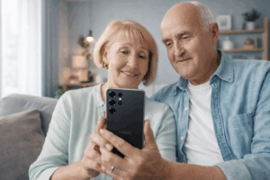 Älteres Ehepaar sitzt auf dem Sofa und nutzt gemeinsam ein modernes Samsung-Smartphone in einer hellen, modernen Wohnumgebung.