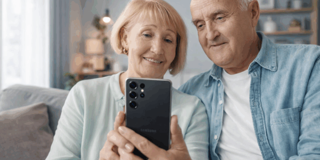 Älteres Ehepaar sitzt auf dem Sofa und nutzt gemeinsam ein modernes Samsung-Smartphone in einer hellen, modernen Wohnumgebung.