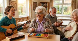 Ein fotorealistisches, querformatiges Bild einer generationsübergreifenden Musiktherapie-Sitzung in einem hellen, gut beleuchteten Raum mit Blick auf einen Garten durch zwei große Fenster. Im Vordergrund, an einem Holztisch, sitzen eine junge Frau und drei Senioren. Die junge Frau links hat braunes Haar, trägt einen blauen Pullover und spielt eine akustische Gitarre, während sie singt. Rechts neben ihr lacht eine ältere Dame mit weißem Lockenkopf, grün umrandeter Brille und einer Strickjacke. Sie hält zwei hölzerne Mallets und spielt auf einem bunten Xylophon, das auf dem Tisch liegt. Gegenüber der Xylophon-Spielerin, an der anderen Tischseite, sitzt ein älterer Herr mit grauem Bart und trägt einen grauen Pullover. Er hält eine Kalimba (ein Daumenklavier) in den Händen. Rechts von ihm, ebenfalls am Tisch, sitzt eine ältere Dame, die eine Handtrommel hält und leicht anschlägt. Ein kleinerer Holztisch mit einem weiteren Xylophon steht ebenfalls im Vordergrund. Der Hintergrund zeigt Regale mit Büchern, eine hölzerne Bank und die Fenster. Die Atmosphäre ist warm und fröhlich.