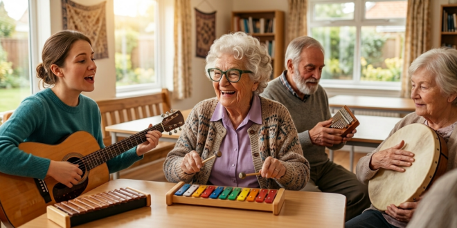 Ein fotorealistisches, querformatiges Bild einer generationsübergreifenden Musiktherapie-Sitzung in einem hellen, gut beleuchteten Raum mit Blick auf einen Garten durch zwei große Fenster. Im Vordergrund, an einem Holztisch, sitzen eine junge Frau und drei Senioren. Die junge Frau links hat braunes Haar, trägt einen blauen Pullover und spielt eine akustische Gitarre, während sie singt. Rechts neben ihr lacht eine ältere Dame mit weißem Lockenkopf, grün umrandeter Brille und einer Strickjacke. Sie hält zwei hölzerne Mallets und spielt auf einem bunten Xylophon, das auf dem Tisch liegt. Gegenüber der Xylophon-Spielerin, an der anderen Tischseite, sitzt ein älterer Herr mit grauem Bart und trägt einen grauen Pullover. Er hält eine Kalimba (ein Daumenklavier) in den Händen. Rechts von ihm, ebenfalls am Tisch, sitzt eine ältere Dame, die eine Handtrommel hält und leicht anschlägt. Ein kleinerer Holztisch mit einem weiteren Xylophon steht ebenfalls im Vordergrund. Der Hintergrund zeigt Regale mit Büchern, eine hölzerne Bank und die Fenster. Die Atmosphäre ist warm und fröhlich.